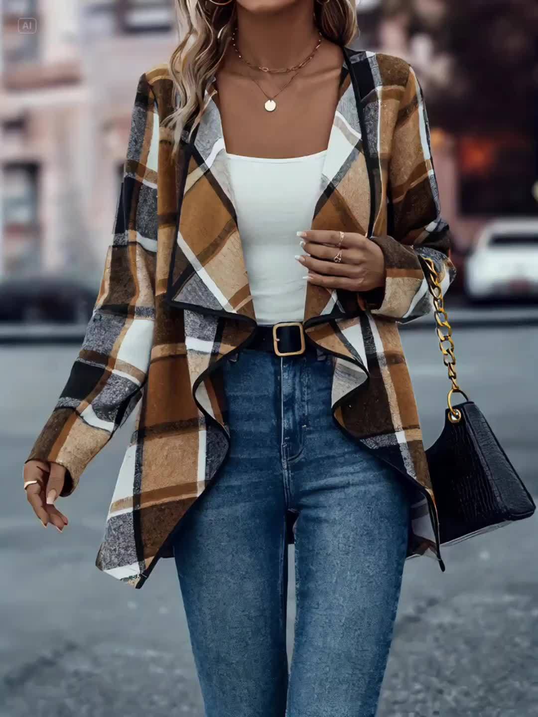 Yousra™ | Veste Cardigan Cascade à Carreaux Buffalo Ouverte