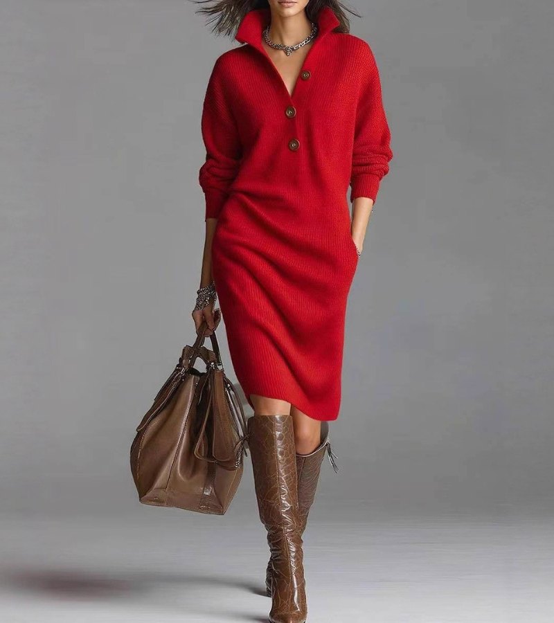Joyce™ | Robe Midi en Tricot à Col Boutonné