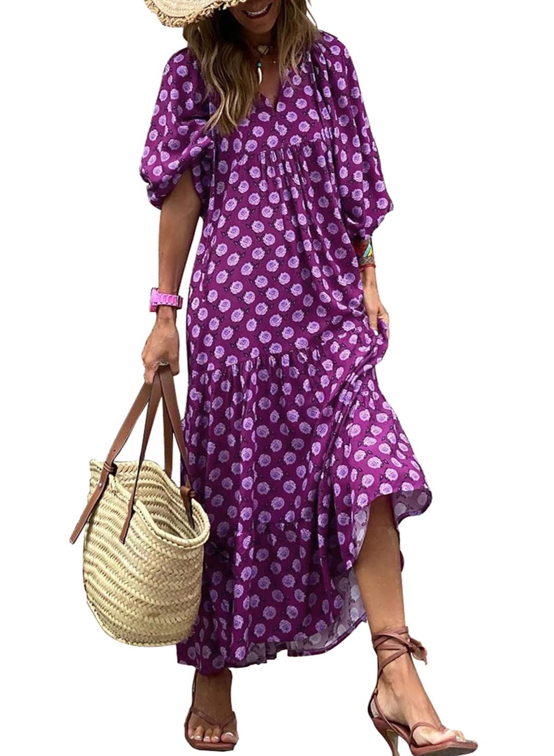 Nala™ | Robe Maxi Florale à Manches Bouffantes