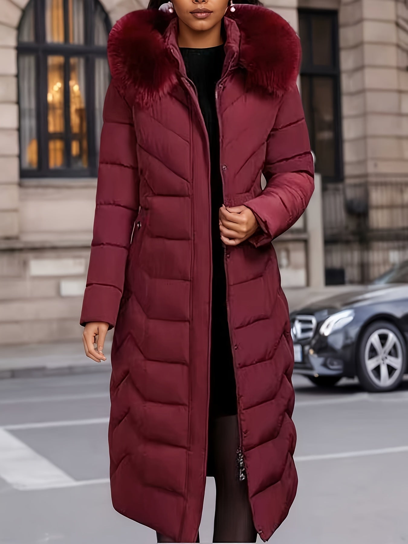 Perrine™ | Manteau doudoune long à col fausse fourrure
