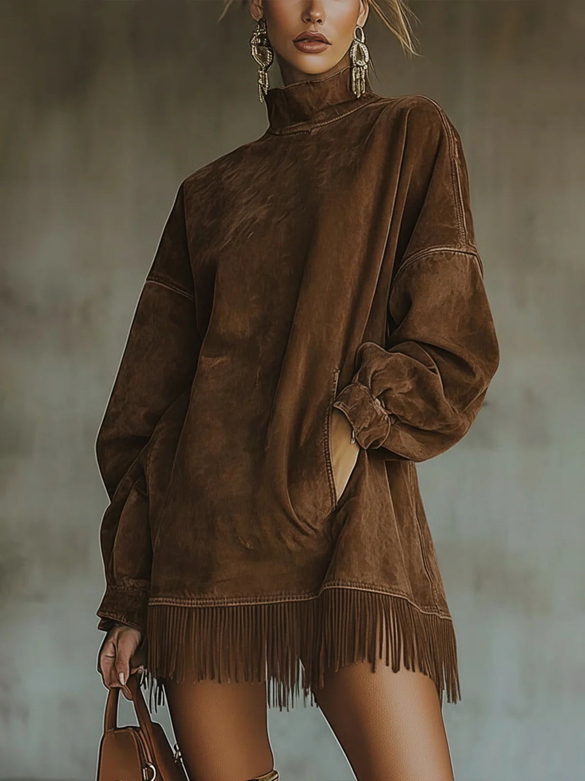 Francine™ | Robe Sweat-shirt à Col Montant avec Ourlet à Franges