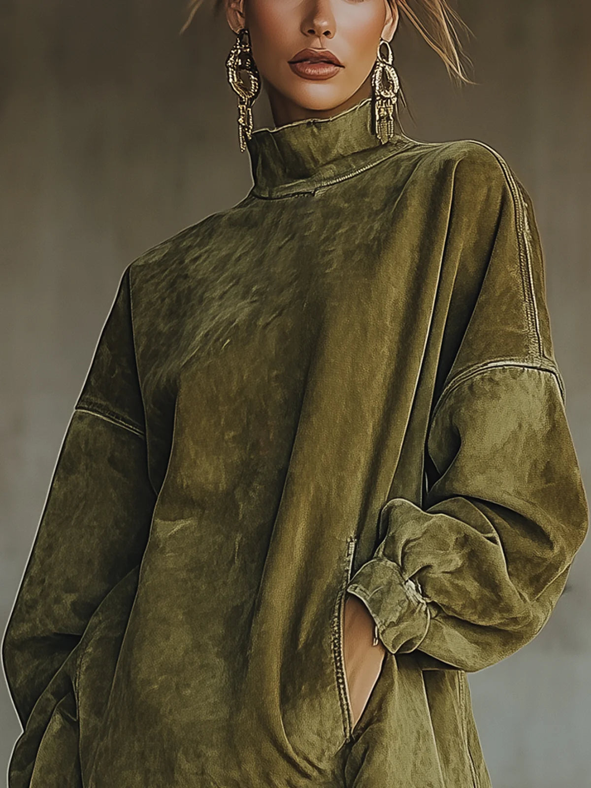 Francine™ | Robe Sweat-shirt à Col Montant avec Ourlet à Franges