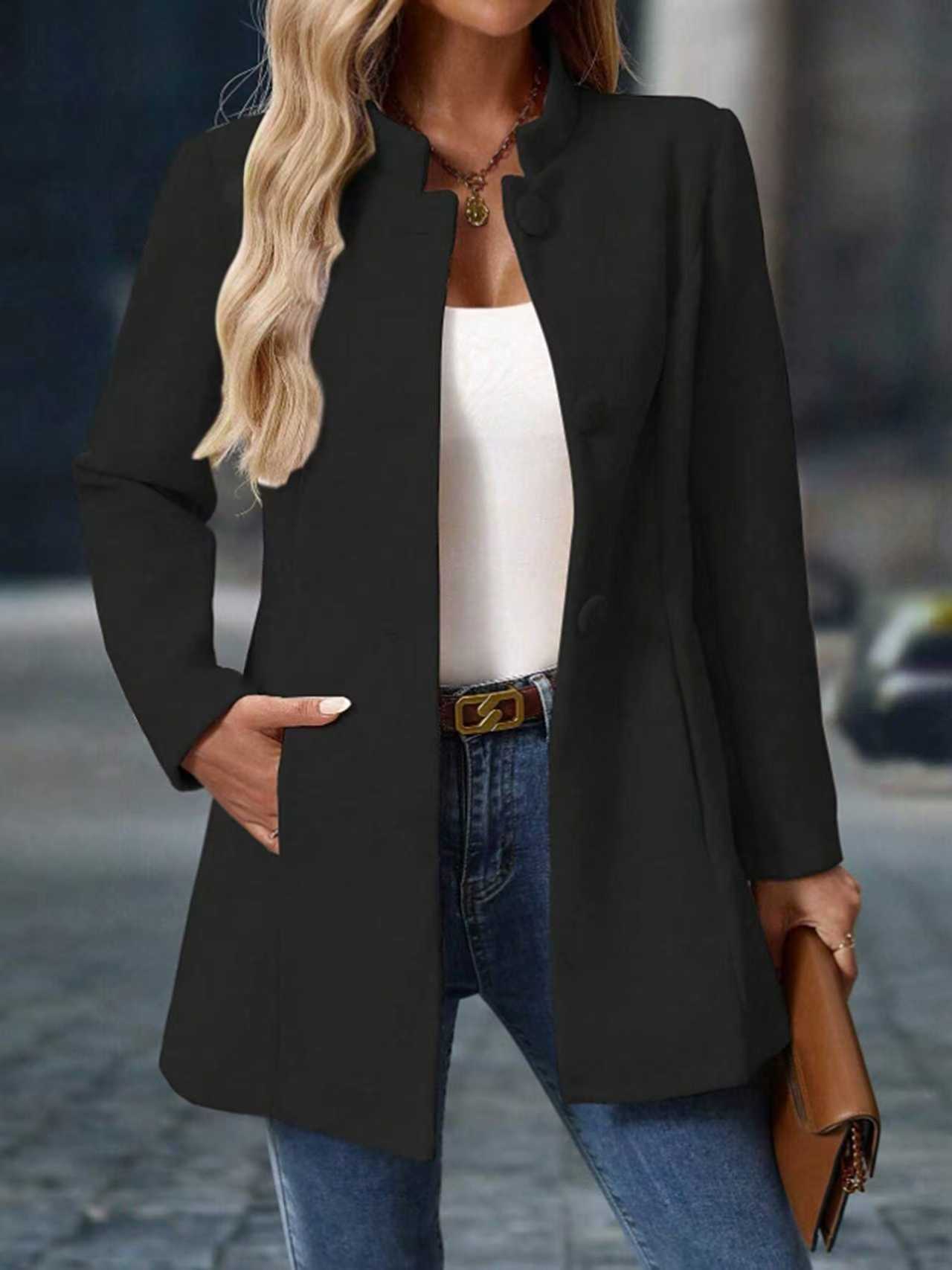 Joliette™ | Veste Tailleur à Col Montant et Boutonnage Simple