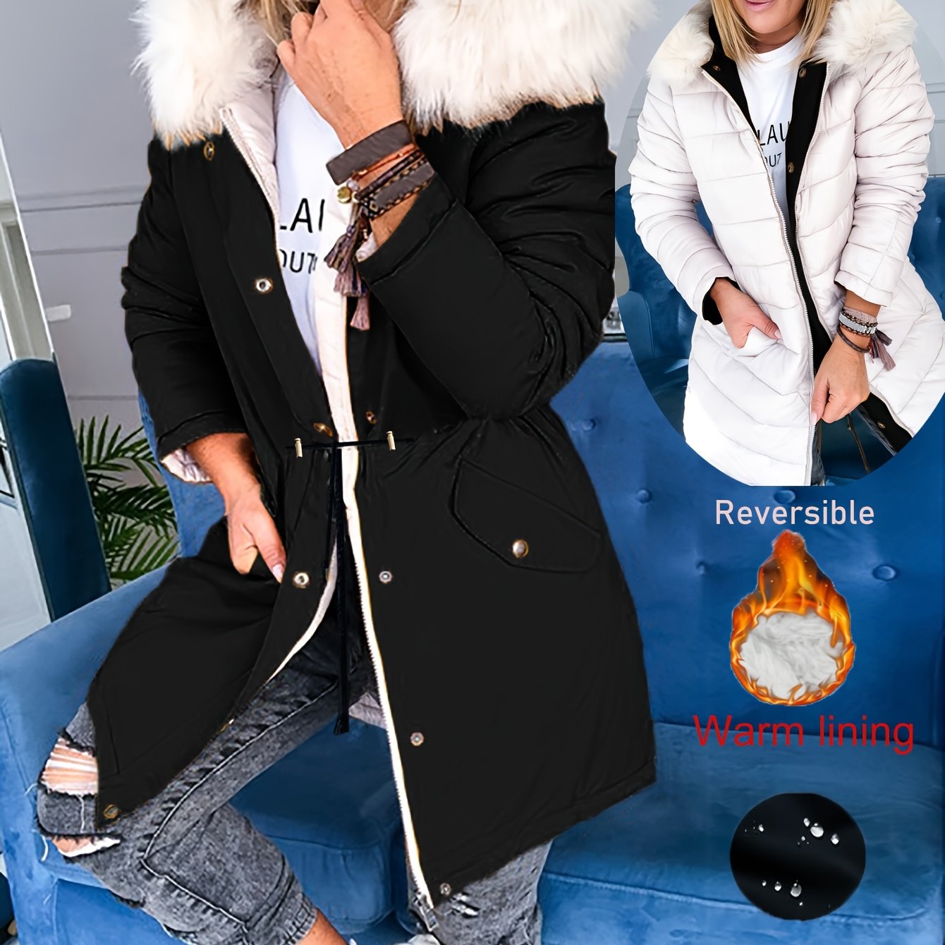 Olivia™ | Manteau parka réversible capuche fausse fourrure