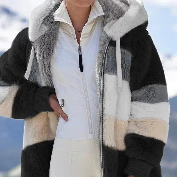 Daria™ | Veste à Capuche Fuzzy Zippée à Rayures Colorblock