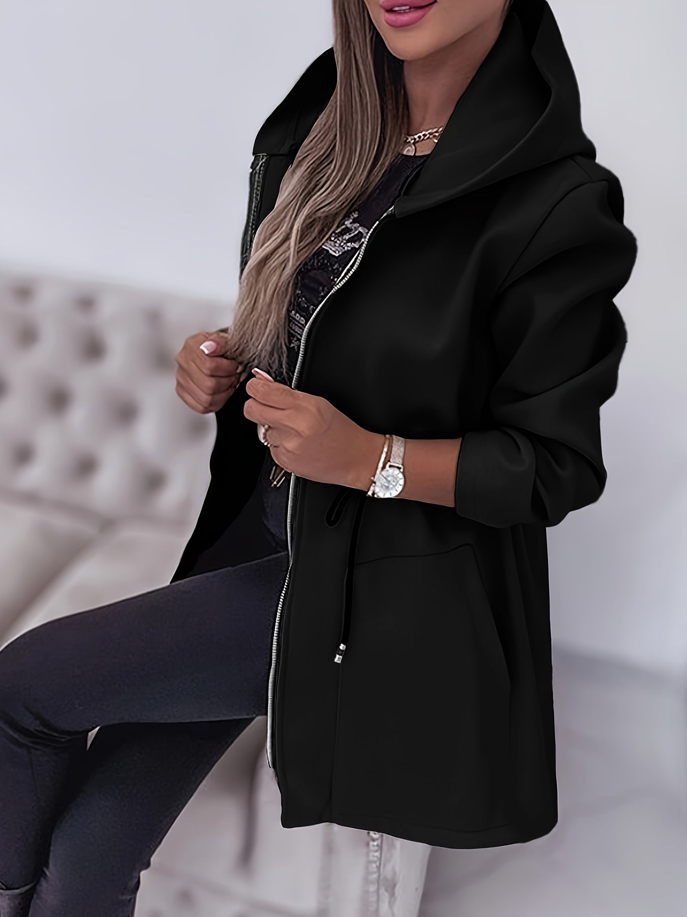 Valentina™ | Veste Longue Zippée à Capuche Ajustable