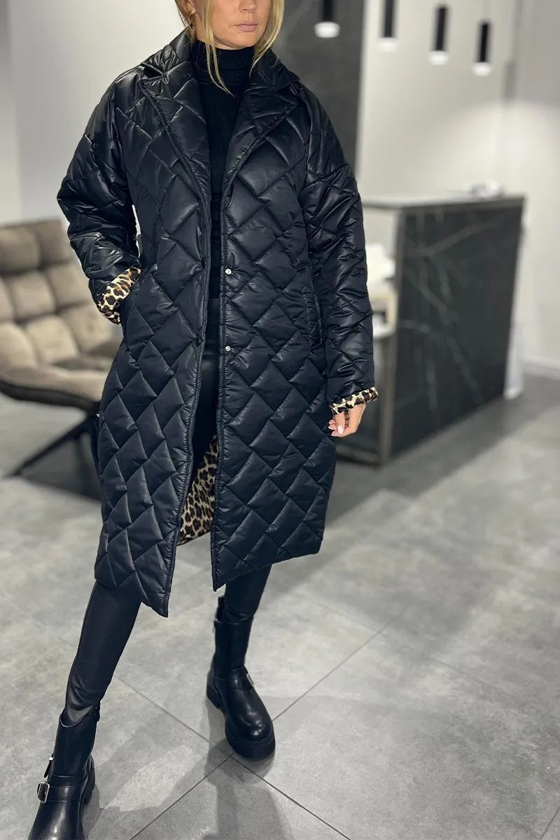 Delphine™ | Manteau long à col cranté en matelassé diamant