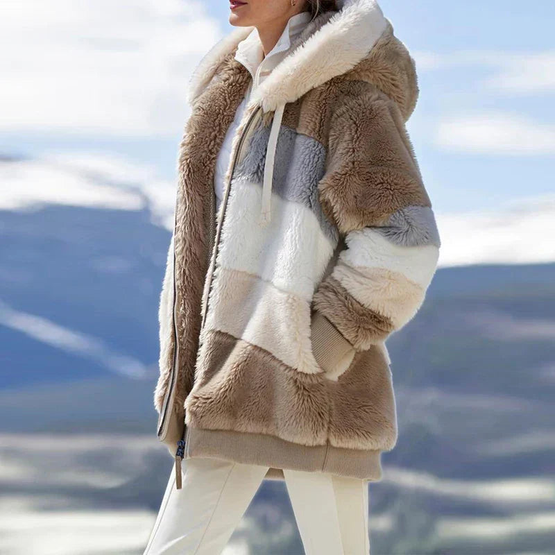 Daria™ | Veste à Capuche Fuzzy Zippée à Rayures Colorblock