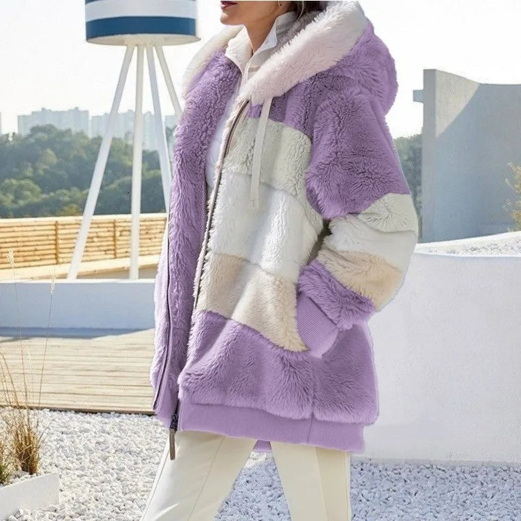 Daria™ | Veste à Capuche Fuzzy Zippée à Rayures Colorblock