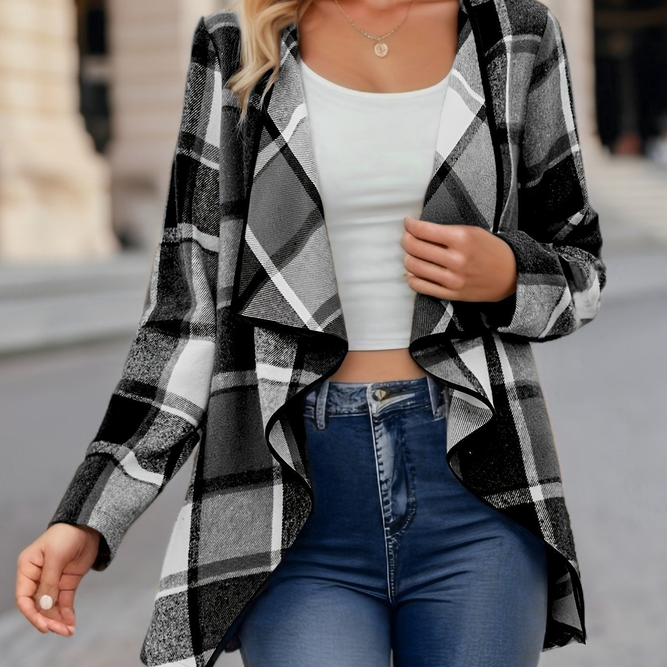 Yousra™ | Veste Cardigan Cascade à Carreaux Buffalo Ouverte
