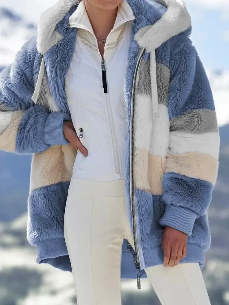 Daria™ | Veste à Capuche Fuzzy Zippée à Rayures Colorblock