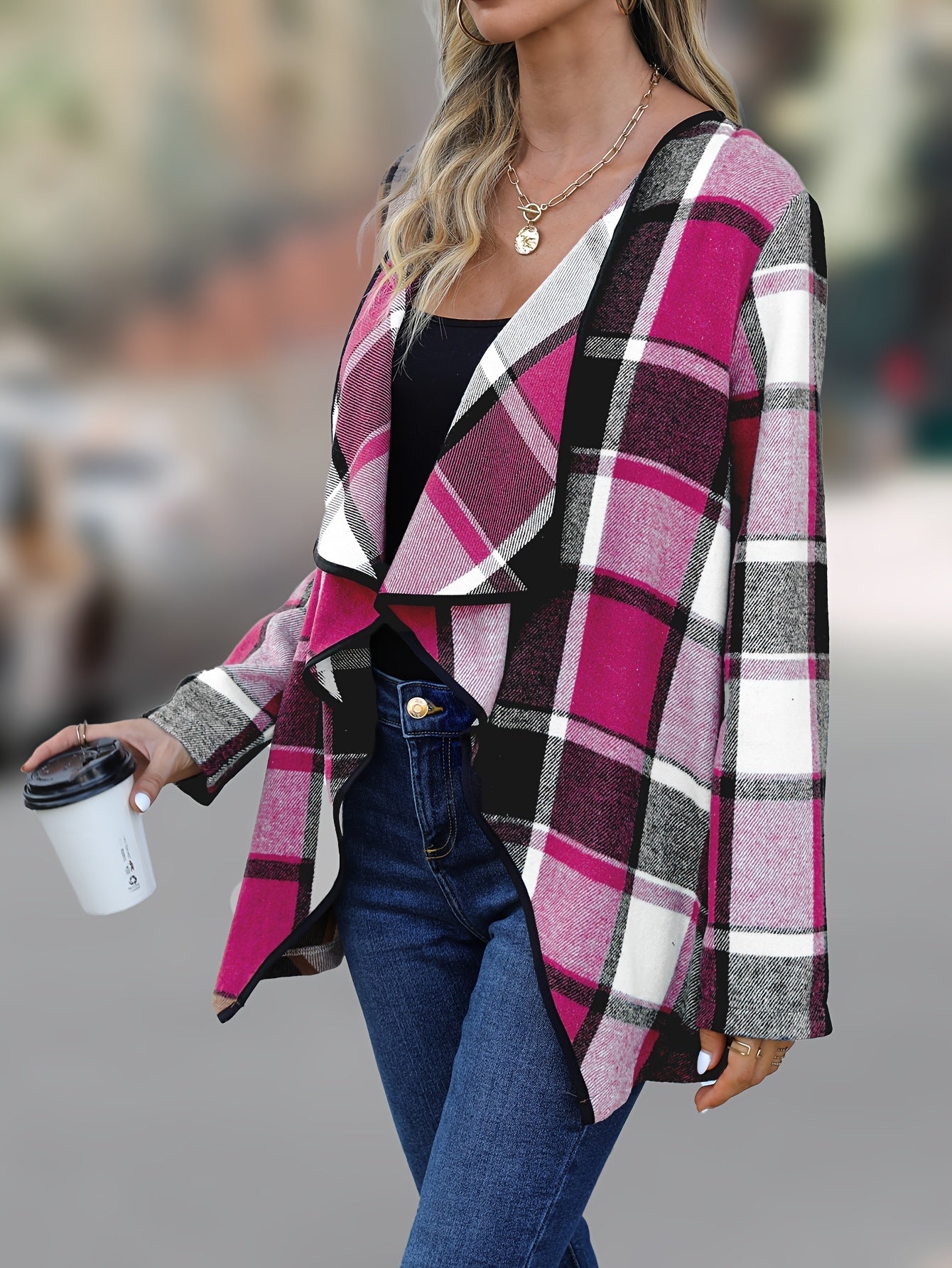 Yousra™ | Veste Cardigan Cascade à Carreaux Buffalo Ouverte
