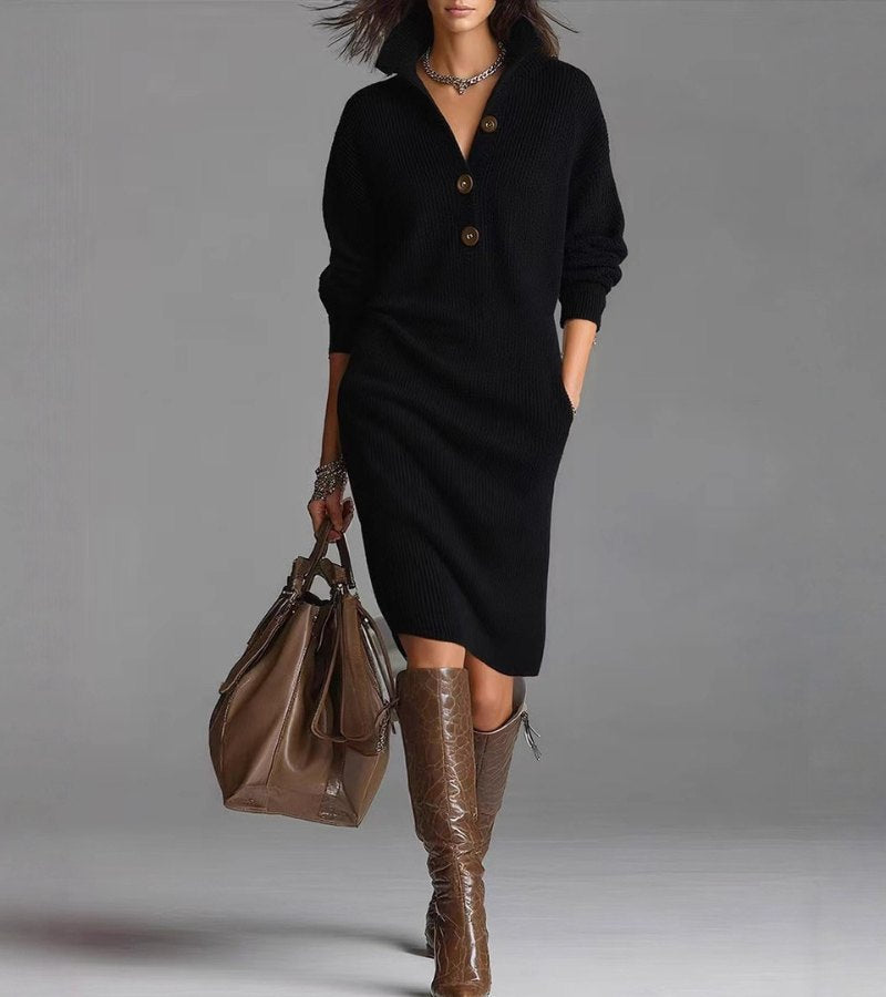 Joyce™ | Robe Midi en Tricot à Col Boutonné