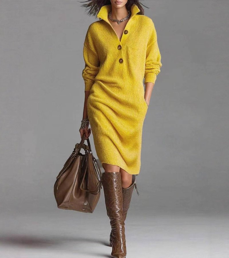 Joyce™ | Robe Midi en Tricot à Col Boutonné