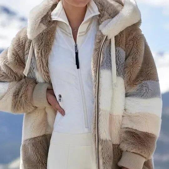Daria™ | Veste à Capuche Fuzzy Zippée à Rayures Colorblock