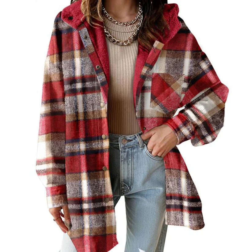Maeva™ | Veste Surchemise à capuche à carreaux doublée sherpa