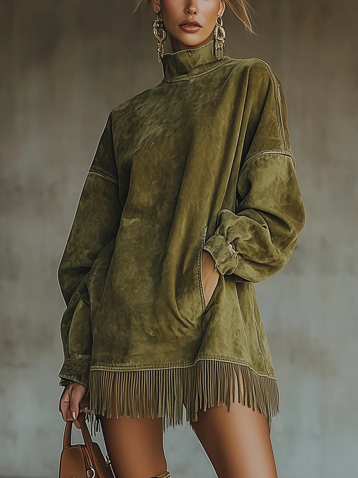 Francine™ | Robe Sweat-shirt à Col Montant avec Ourlet à Franges