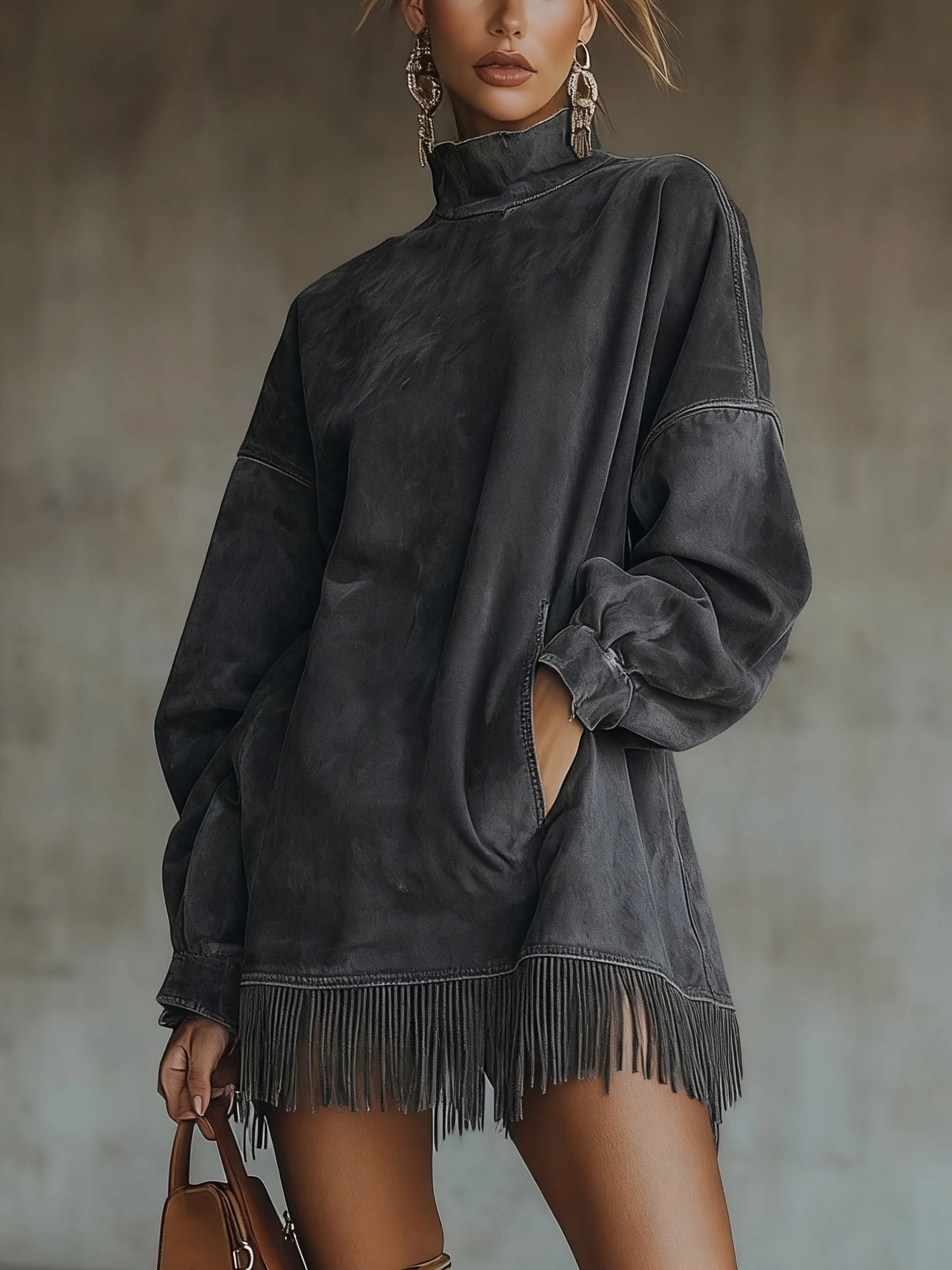 Francine™ | Robe Sweat-shirt à Col Montant avec Ourlet à Franges