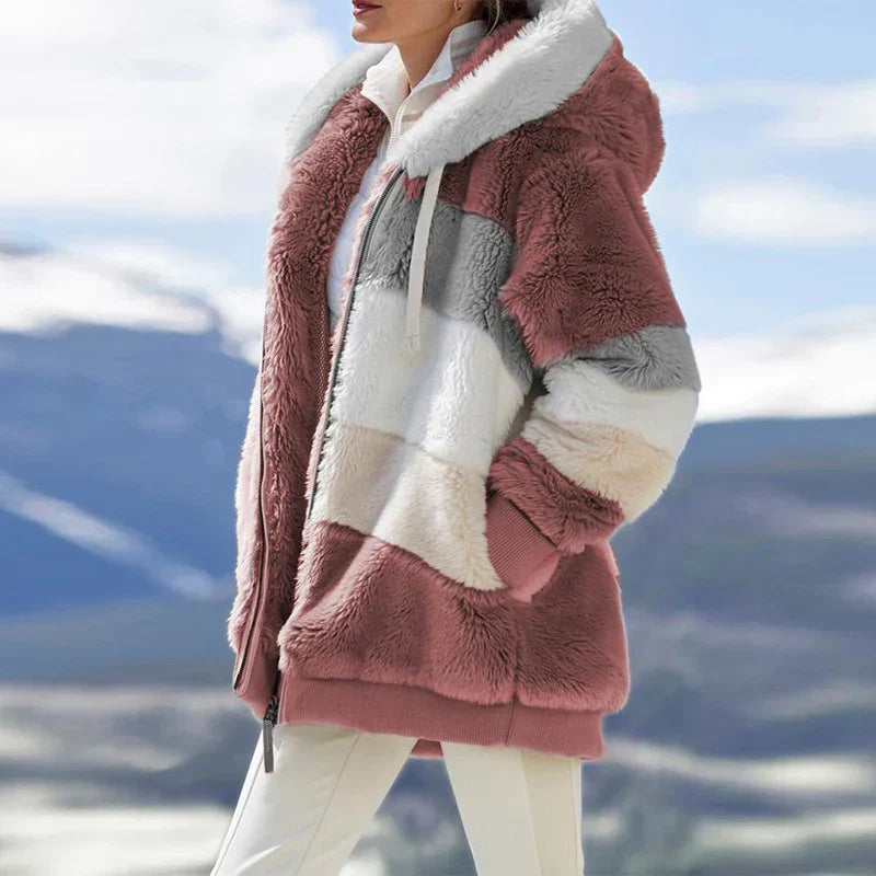 Daria™ | Veste à Capuche Fuzzy Zippée à Rayures Colorblock